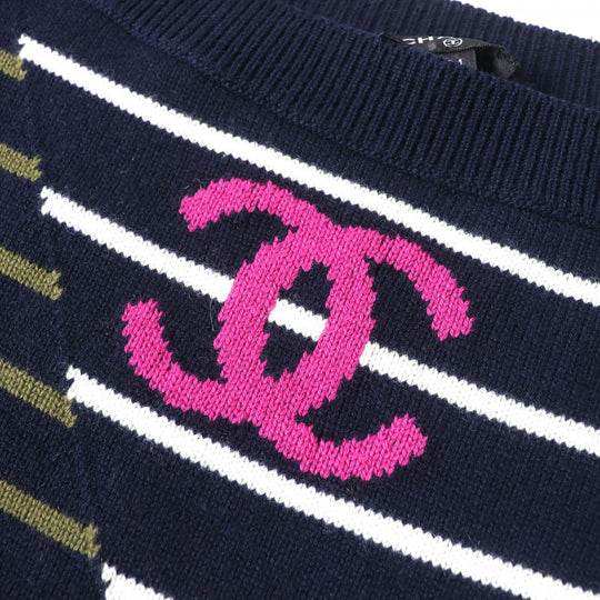 CHANEL knit 20C P62885 Main: 100% cashmere Navy Khaki Pink Women 34 Used Authentic
