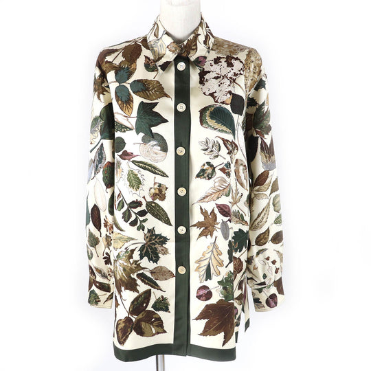 HERMES Long sleeve shirt Main: 100% silk Brown Khaki Beige Tourbillon swirl Women 38 Used Authentic