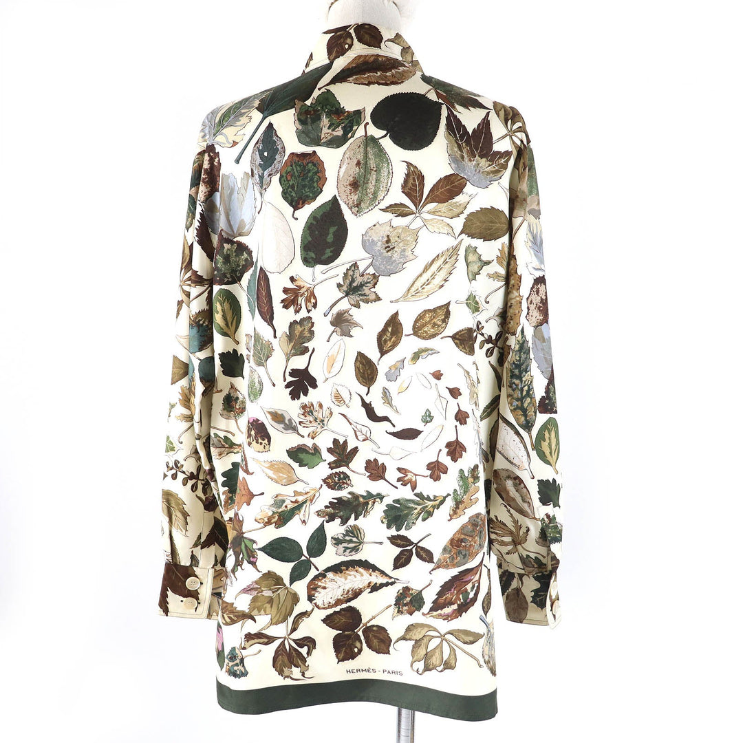 HERMES Long sleeve shirt Main: 100% silk Brown Khaki Beige Tourbillon swirl Women 38 Used Authentic