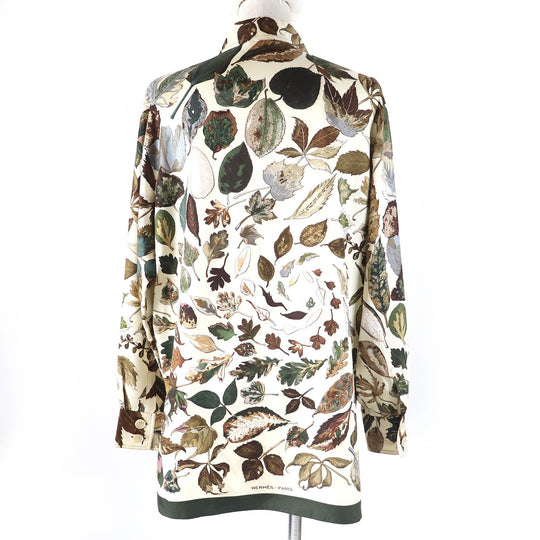 HERMES Long sleeve shirt Main: 100% silk Brown Khaki Beige Tourbillon swirl Women 38 Used Authentic