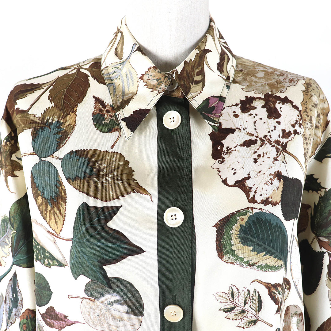 HERMES Long sleeve shirt Main: 100% silk Brown Khaki Beige Tourbillon swirl Women 38 Used Authentic