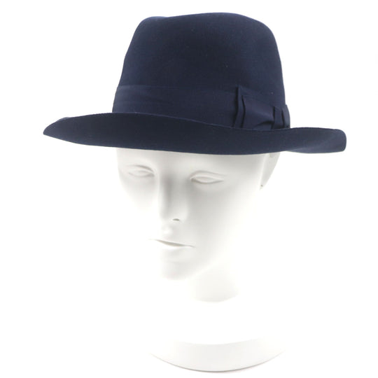 HERMES hat Outer: 100% wool, Part: 60% rayon, Part: 40% cotton, Lining: 100% silk, Leather part: cowhide Navy mens 56 Used Authentic