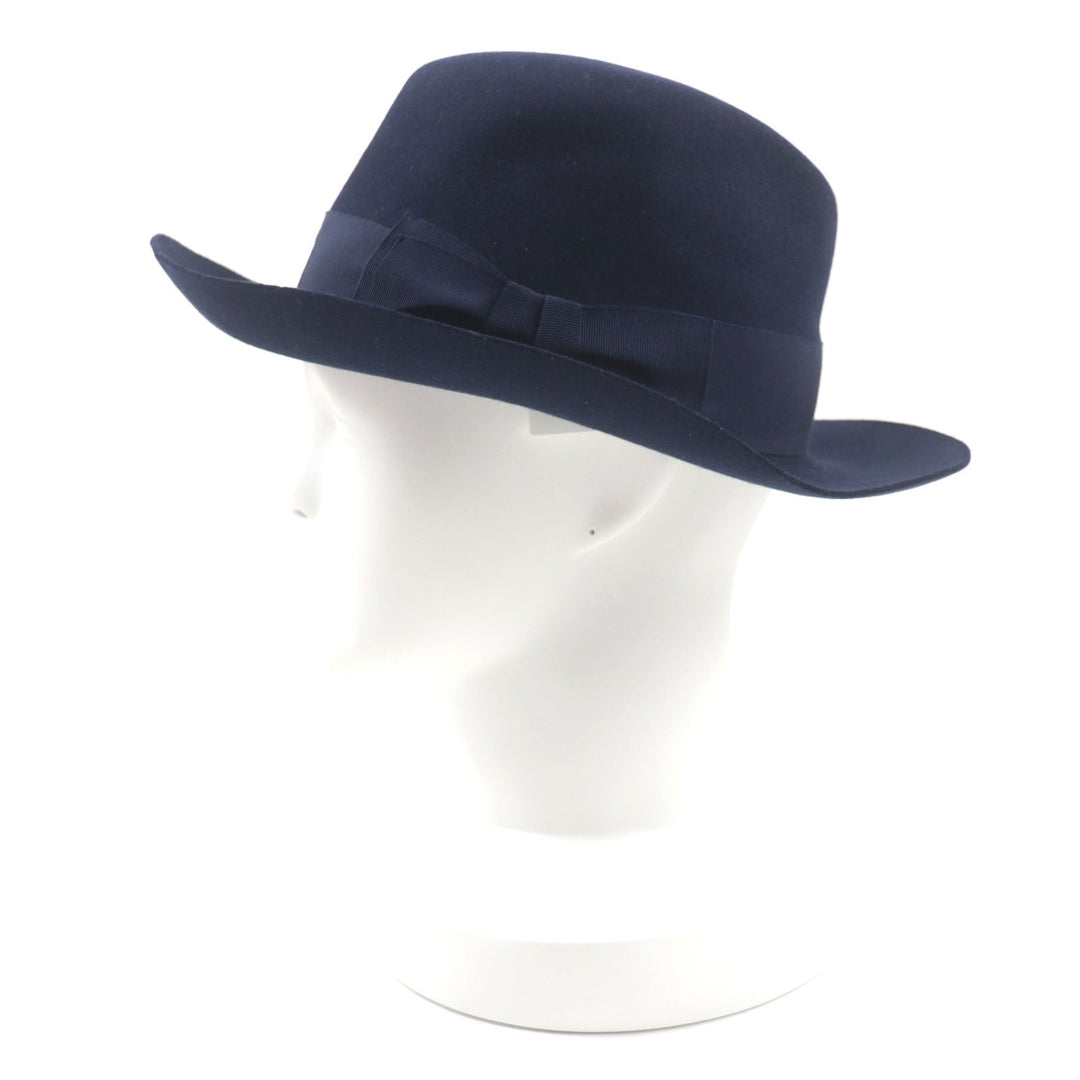 HERMES hat Outer: 100% wool, Part: 60% rayon, Part: 40% cotton, Lining: 100% silk, Leather part: cowhide Navy mens 56 Used Authentic