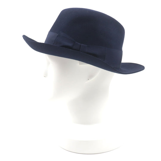 HERMES hat Outer: 100% wool, Part: 60% rayon, Part: 40% cotton, Lining: 100% silk, Leather part: cowhide Navy mens 56 Used Authentic