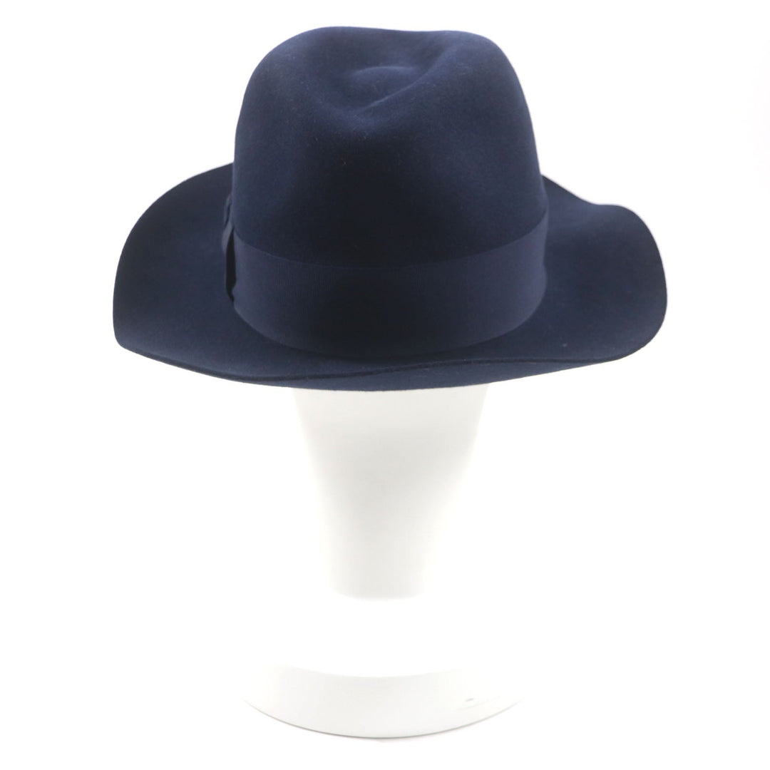 HERMES hat Outer: 100% wool, Part: 60% rayon, Part: 40% cotton, Lining: 100% silk, Leather part: cowhide Navy mens 56 Used Authentic