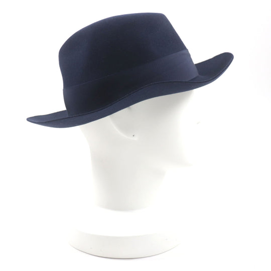 HERMES hat Outer: 100% wool, Part: 60% rayon, Part: 40% cotton, Lining: 100% silk, Leather part: cowhide Navy mens 56 Used Authentic