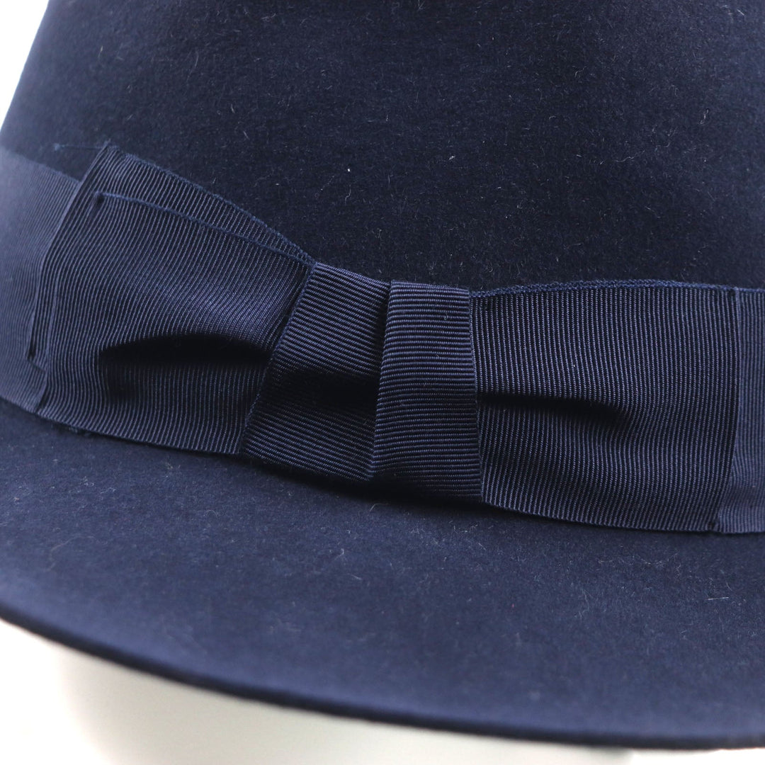 HERMES hat Outer: 100% wool, Part: 60% rayon, Part: 40% cotton, Lining: 100% silk, Leather part: cowhide Navy mens 56 Used Authentic