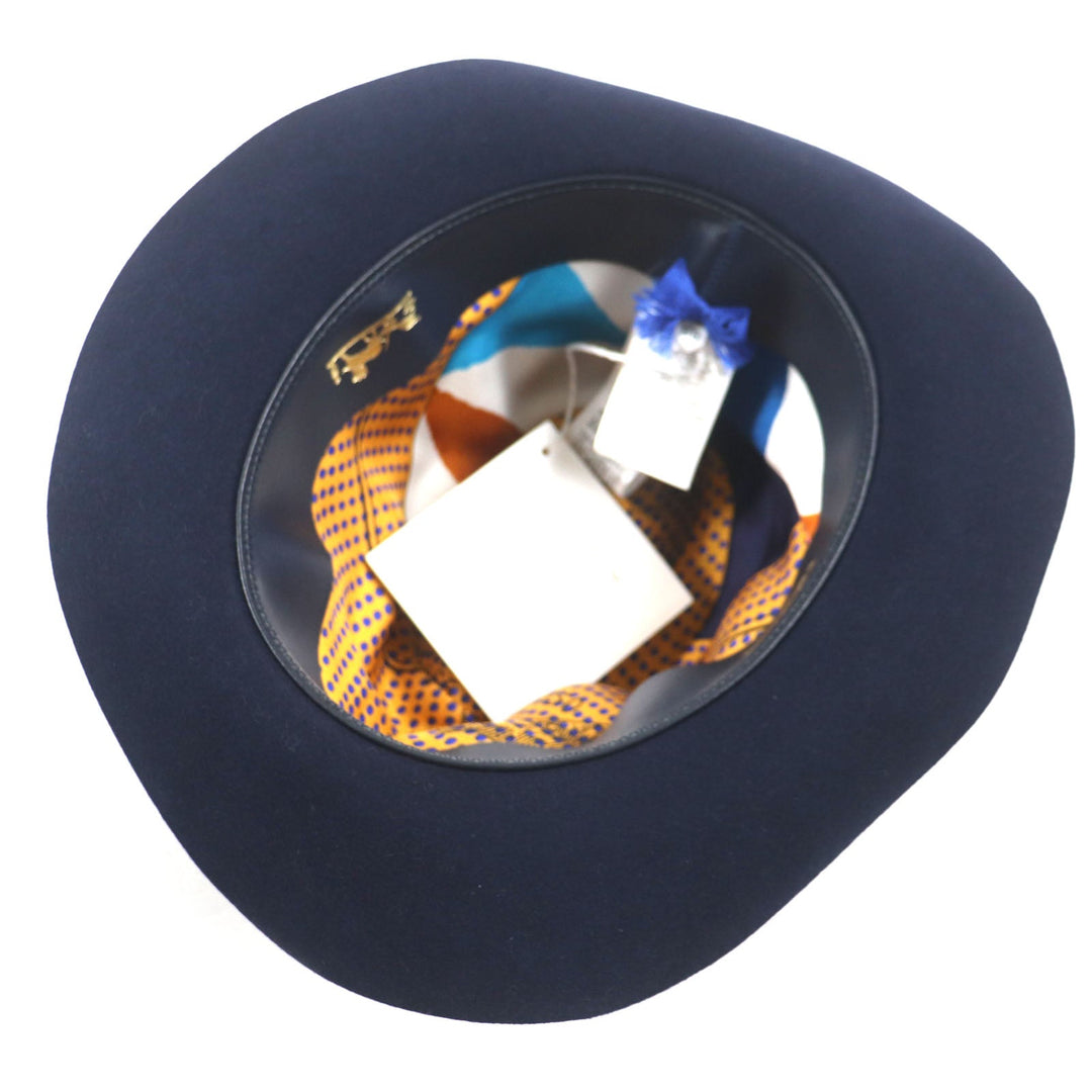HERMES hat Outer: 100% wool, Part: 60% rayon, Part: 40% cotton, Lining: 100% silk, Leather part: cowhide Navy mens 56 Used Authentic