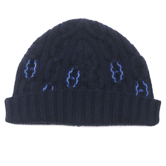 HERMES Knit cap H232073N Main: 100% cashmere, Leather part: Sheepskin Navy Tri-Maion mens L Used Authentic