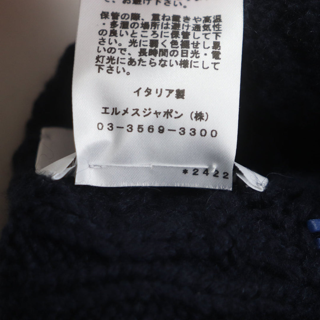 HERMES Knit cap H232073N Main: 100% cashmere, Leather part: Sheepskin Navy Tri-Maion mens L Used Authentic