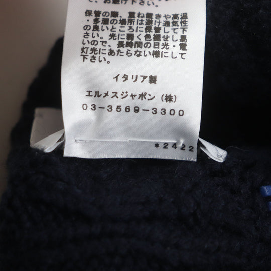 HERMES Knit cap H232073N Main: 100% cashmere, Leather part: Sheepskin Navy Tri-Maion mens L Used Authentic