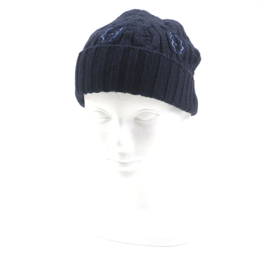 HERMES Knit cap H232073N Main: 100% cashmere, Leather part: Sheepskin Navy Tri-Maion mens L Used Authentic