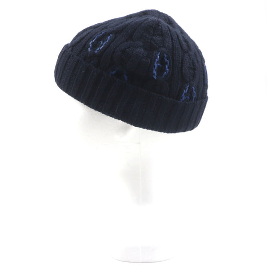 HERMES Knit cap H232073N Main: 100% cashmere, Leather part: Sheepskin Navy Tri-Maion mens L Used Authentic