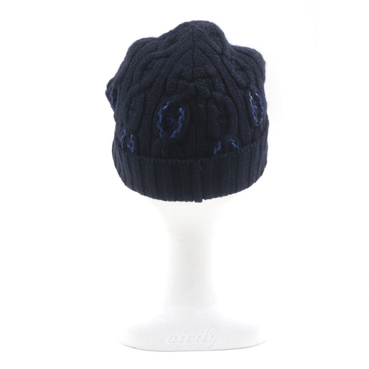 HERMES Knit cap H232073N Main: 100% cashmere, Leather part: Sheepskin Navy Tri-Maion mens L Used Authentic