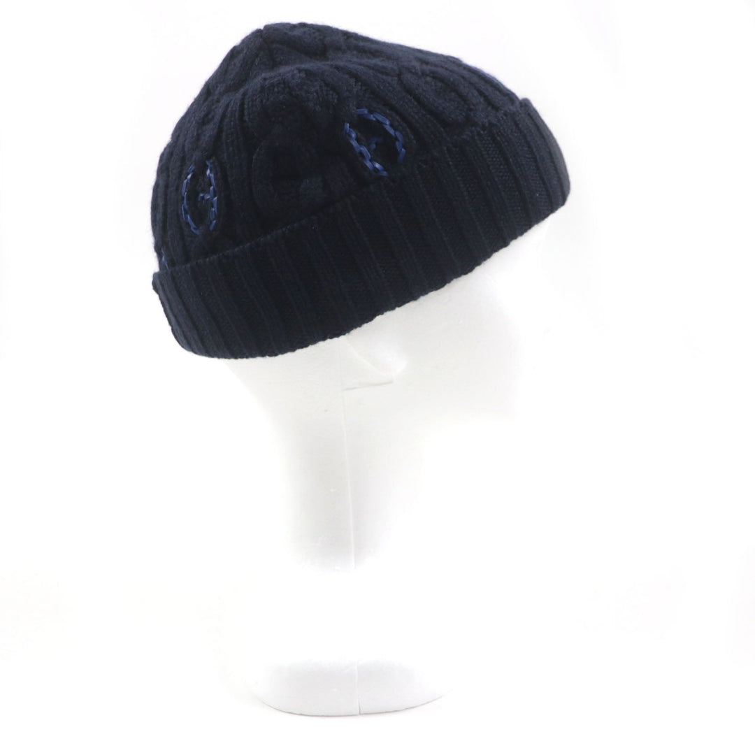 HERMES Knit cap H232073N Main: 100% cashmere, Leather part: Sheepskin Navy Tri-Maion mens L Used Authentic