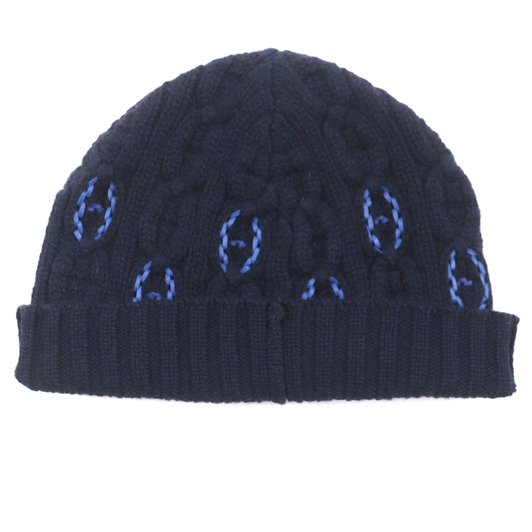 HERMES Knit cap H232073N Main: 100% cashmere, Leather part: Sheepskin Navy Tri-Maion mens L Used Authentic