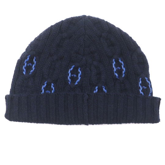 HERMES Knit cap H232073N Main: 100% cashmere, Leather part: Sheepskin Navy Tri-Maion mens L Used Authentic