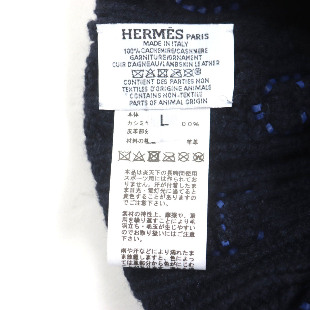 HERMES Knit cap H232073N Main: 100% cashmere, Leather part: Sheepskin Navy Tri-Maion mens L Used Authentic