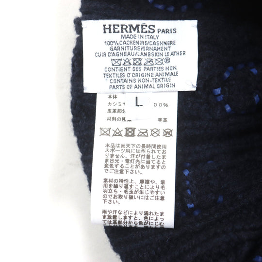 HERMES Knit cap H232073N Main: 100% cashmere, Leather part: Sheepskin Navy Tri-Maion mens L Used Authentic