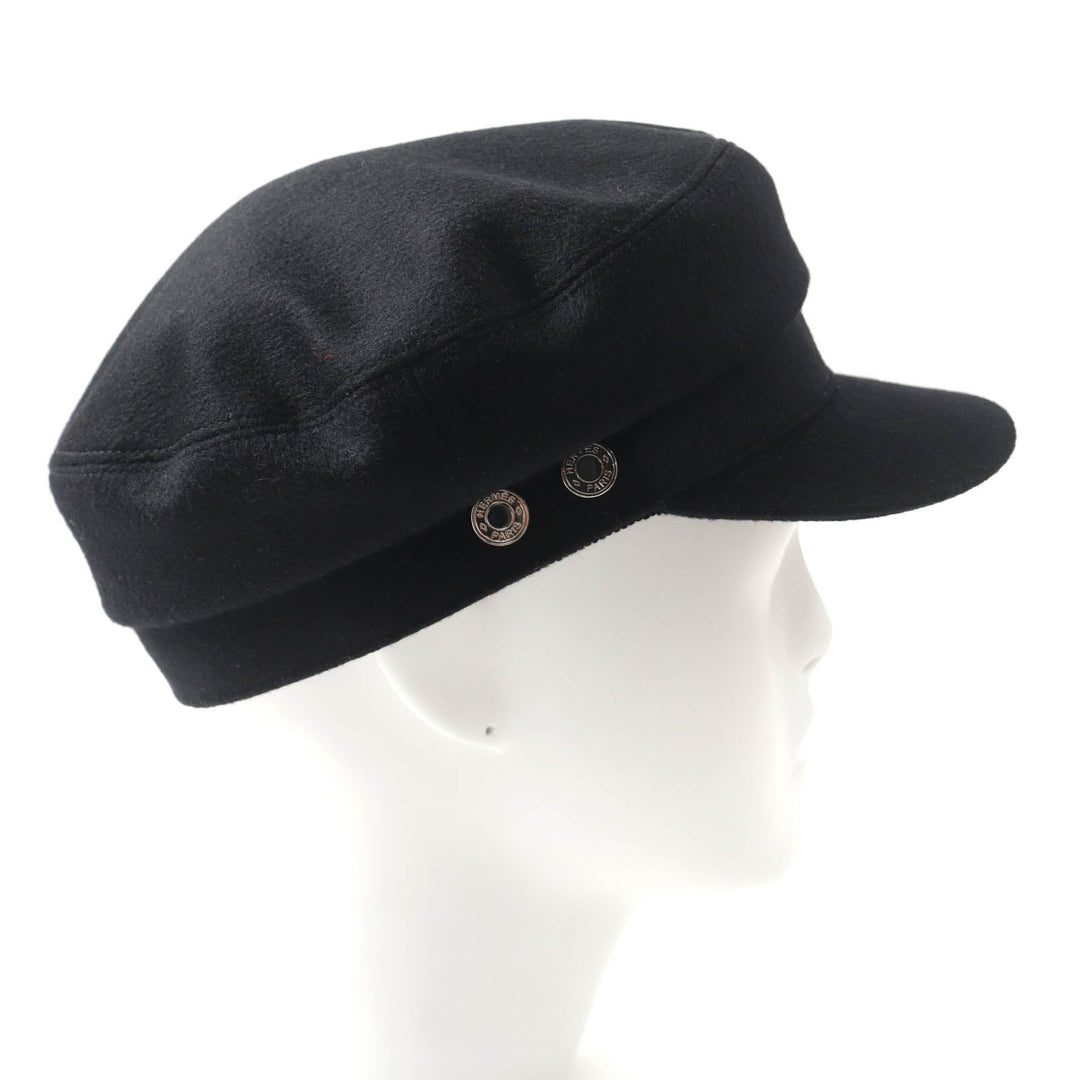 HERMES Casquette H222022N Outer: 100% cashmere, Lining: 65% rayon, Lining: 35% silk, Part: 56% cotton, Part: 44% rayon black Deauville Deauville Women 57 Used Authentic