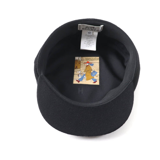 HERMES Casquette H222022N Outer: 100% cashmere, Lining: 65% rayon, Lining: 35% silk, Part: 56% cotton, Part: 44% rayon black Deauville Deauville Women 57 Used Authentic