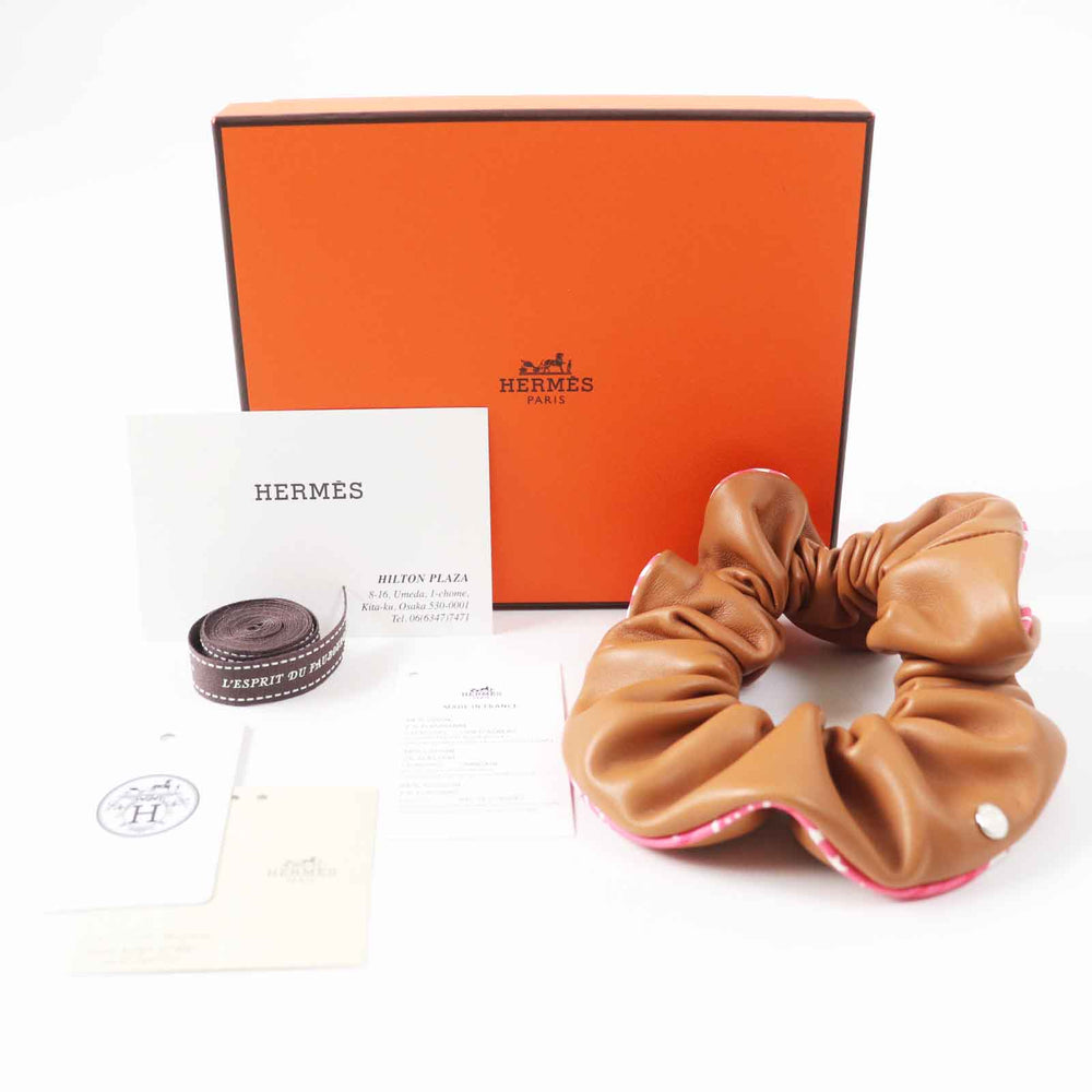 HERMES hair accessory Main: Sheepskin, Part: Silk brown pink white Claudia Women Used Authentic