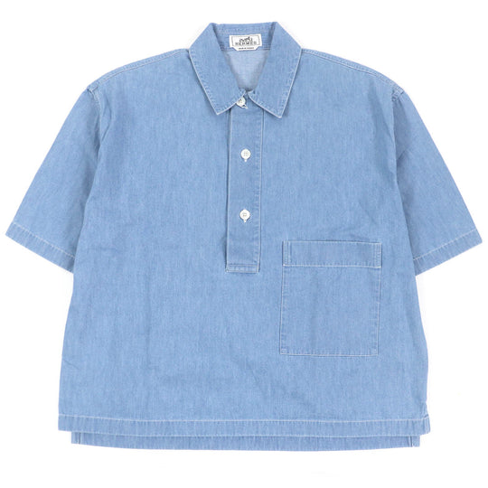 HERMES Short sleeve shirt Main: 100% cotton Indigo blue mens 37 Used Authentic