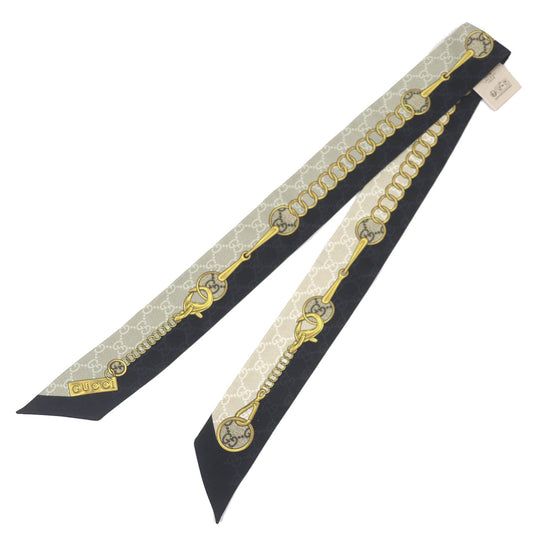 GUCCI scarf 774819 Main: 100% silk Black beige GG Chain Horsebit Print Silk Neck Bow Women Used Authentic
