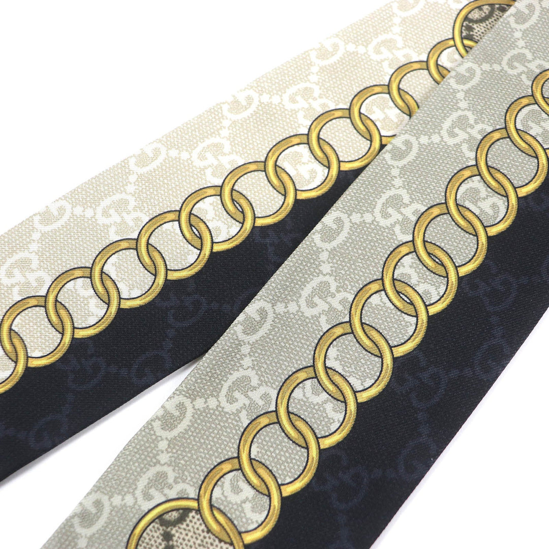 GUCCI scarf 774819 Main: 100% silk Black beige GG Chain Horsebit Print Silk Neck Bow Women Used Authentic