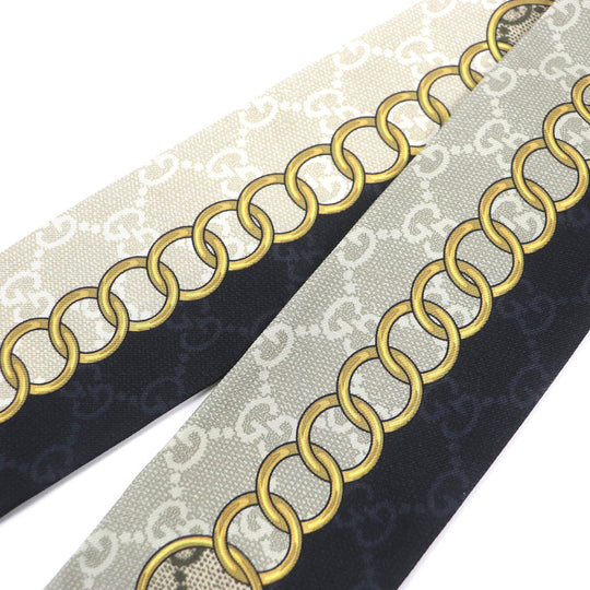 GUCCI scarf 774819 Main: 100% silk Black beige GG Chain Horsebit Print Silk Neck Bow Women Used Authentic