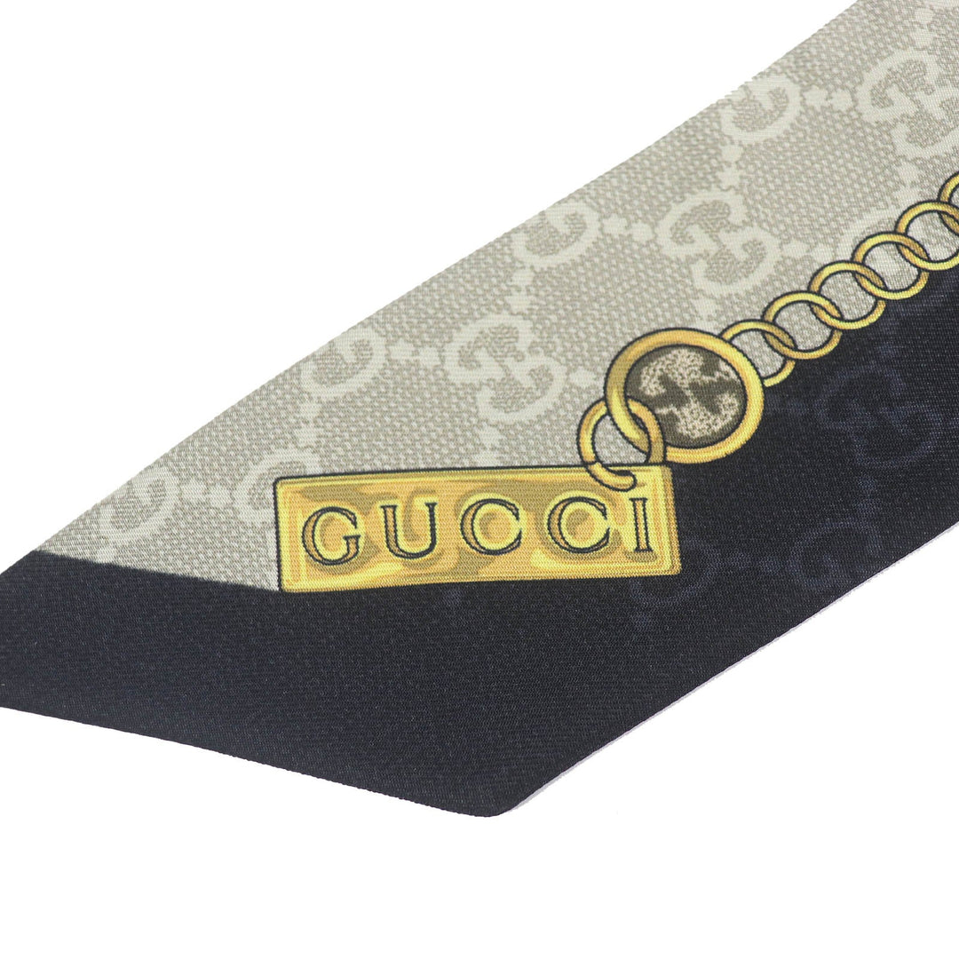 GUCCI scarf 774819 Main: 100% silk Black beige GG Chain Horsebit Print Silk Neck Bow Women Used Authentic