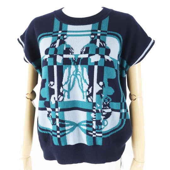 HERMES knit 3H2608DD Main: 100% cashmere Dark Navy Green BRIDES de GALA Tartan ceremonial bridle Women 38 Used Authentic