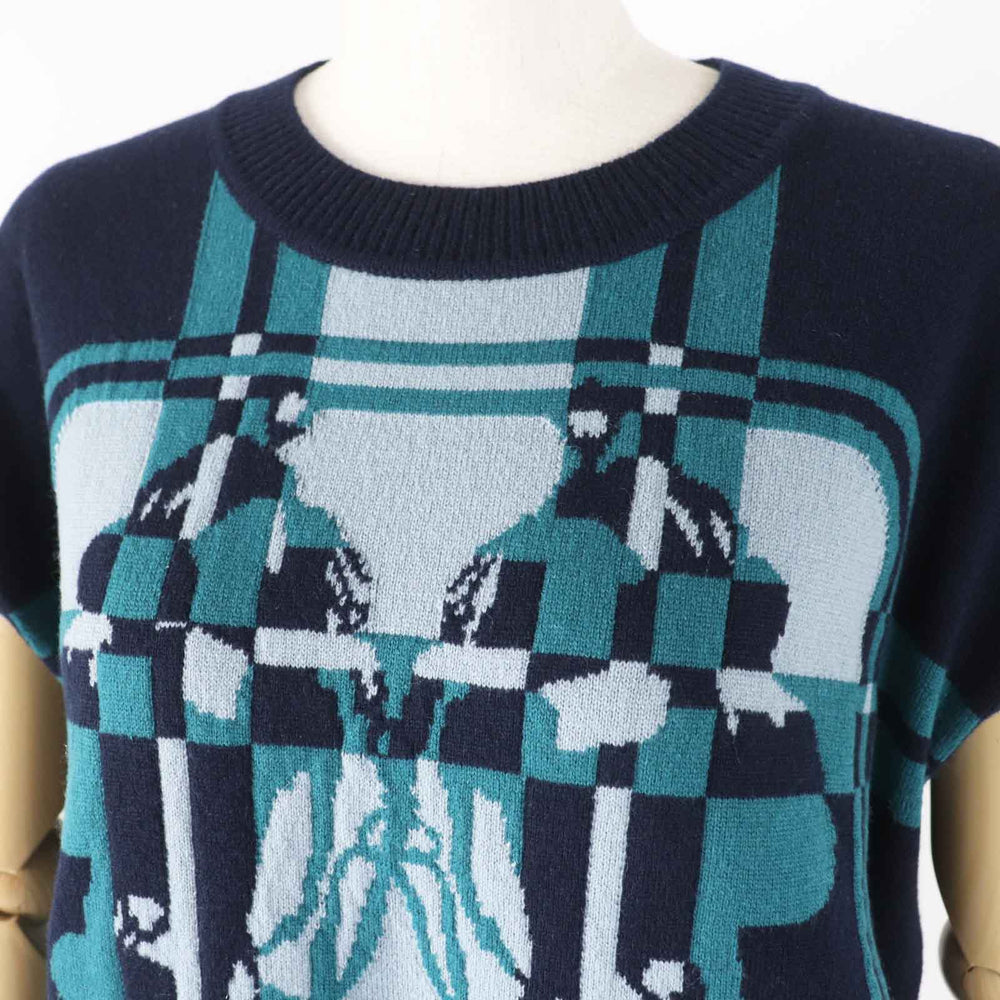 HERMES knit 3H2608DD Main: 100% cashmere Dark Navy Green BRIDES de GALA Tartan ceremonial bridle Women 38 Used Authentic