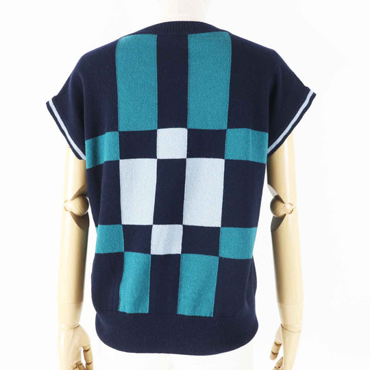 HERMES knit 3H2608DD Main: 100% cashmere Dark Navy Green BRIDES de GALA Tartan ceremonial bridle Women 38 Used Authentic
