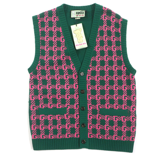 GUCCI Vest 711573 Main: 71% wool, Main: 29% cotton, Outer: 100% wool Green pink HA HA HA mens M Used Authentic