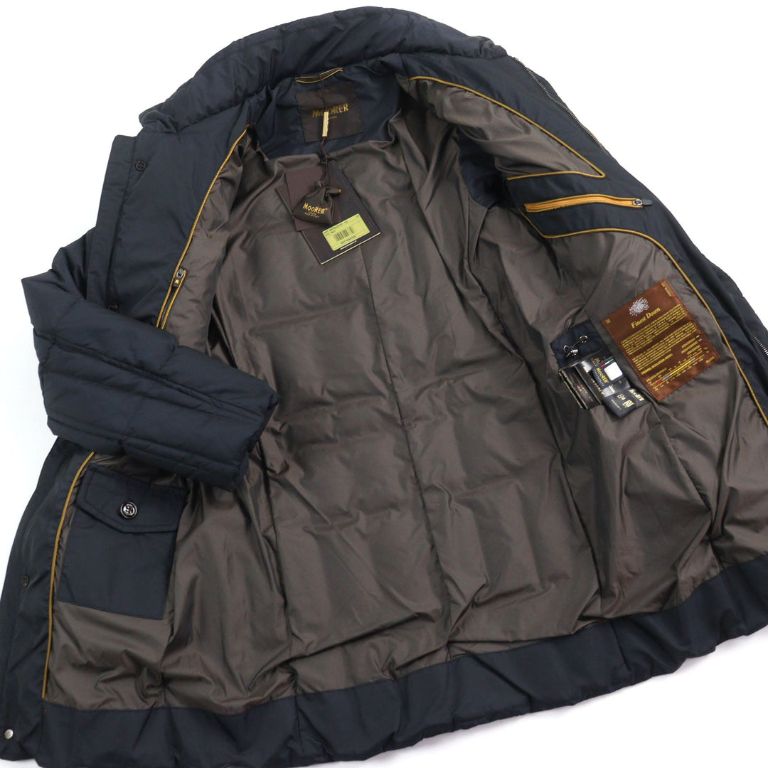 MOORER Down jacket Outer: 100% polyester, Lining: 50% polyester, Lining: 50% nylon, Sleeve lining: 100% nylon, Filling: down Navy VALENTE-KM mens 44 Used Authentic