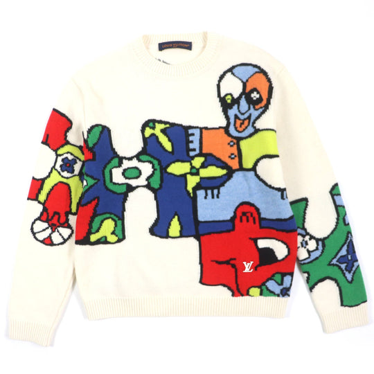 LOUIS VUITTON sweater HON63W Main: 100% wool Off White Multi LVPuzzle mens M Used Authentic