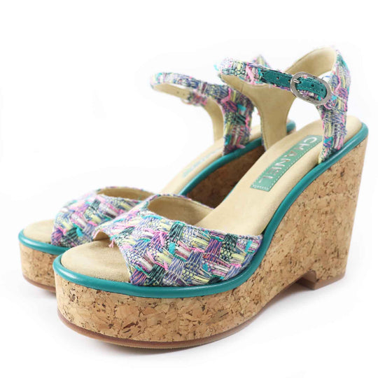 CHANEL Sandals G39812 Tweed, Leather, Cork Multi Wedge sole Women 37 1/2 C Used Authentic
