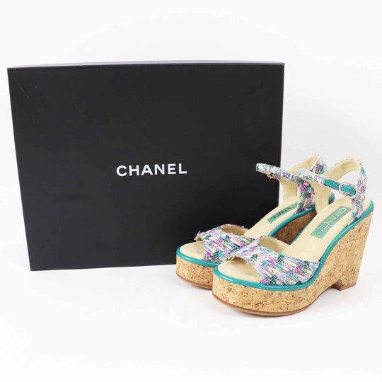 CHANEL Sandals G39812 Tweed, Leather, Cork Multi Wedge sole Women 37 1/2 C Used Authentic