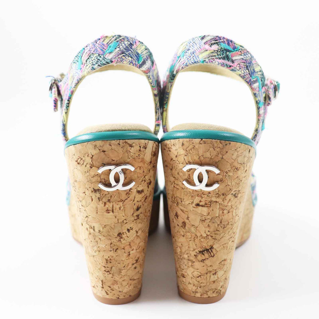 CHANEL Sandals G39812 Tweed, Leather, Cork Multi Wedge sole Women 37 1/2 C Used Authentic