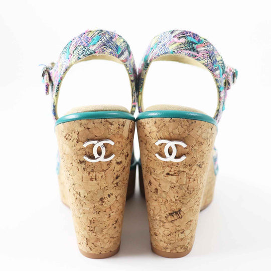 CHANEL Sandals G39812 Tweed, Leather, Cork Multi Wedge sole Women 37 1/2 C Used Authentic