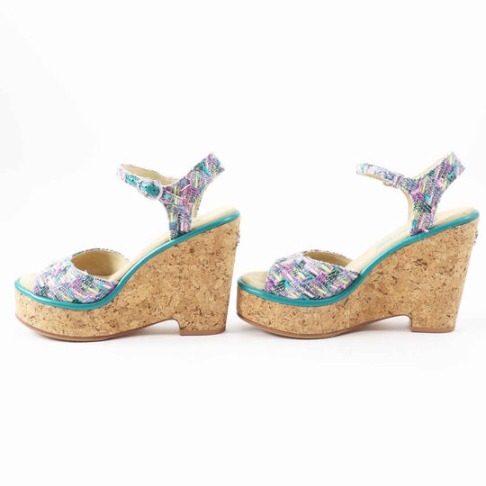 CHANEL Sandals G39812 Tweed, Leather, Cork Multi Wedge sole Women 37 1/2 C Used Authentic