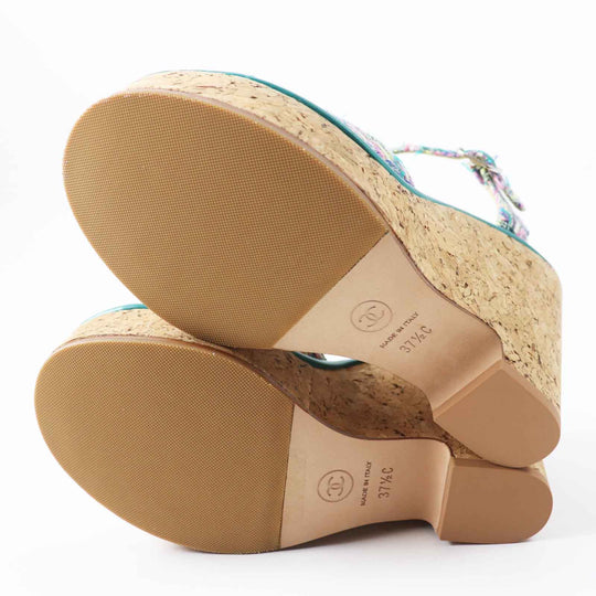 CHANEL Sandals G39812 Tweed, Leather, Cork Multi Wedge sole Women 37 1/2 C Used Authentic