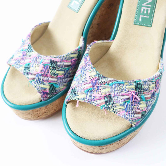 CHANEL Sandals G39812 Tweed, Leather, Cork Multi Wedge sole Women 37 1/2 C Used Authentic