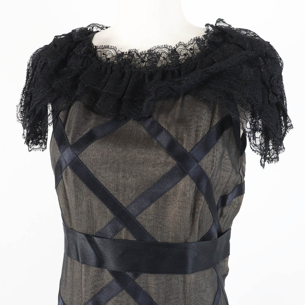 CHANEL one piece 07P P30570 Main: 100% silk, Part: 100% silk Black beige Women 38 Used Authentic