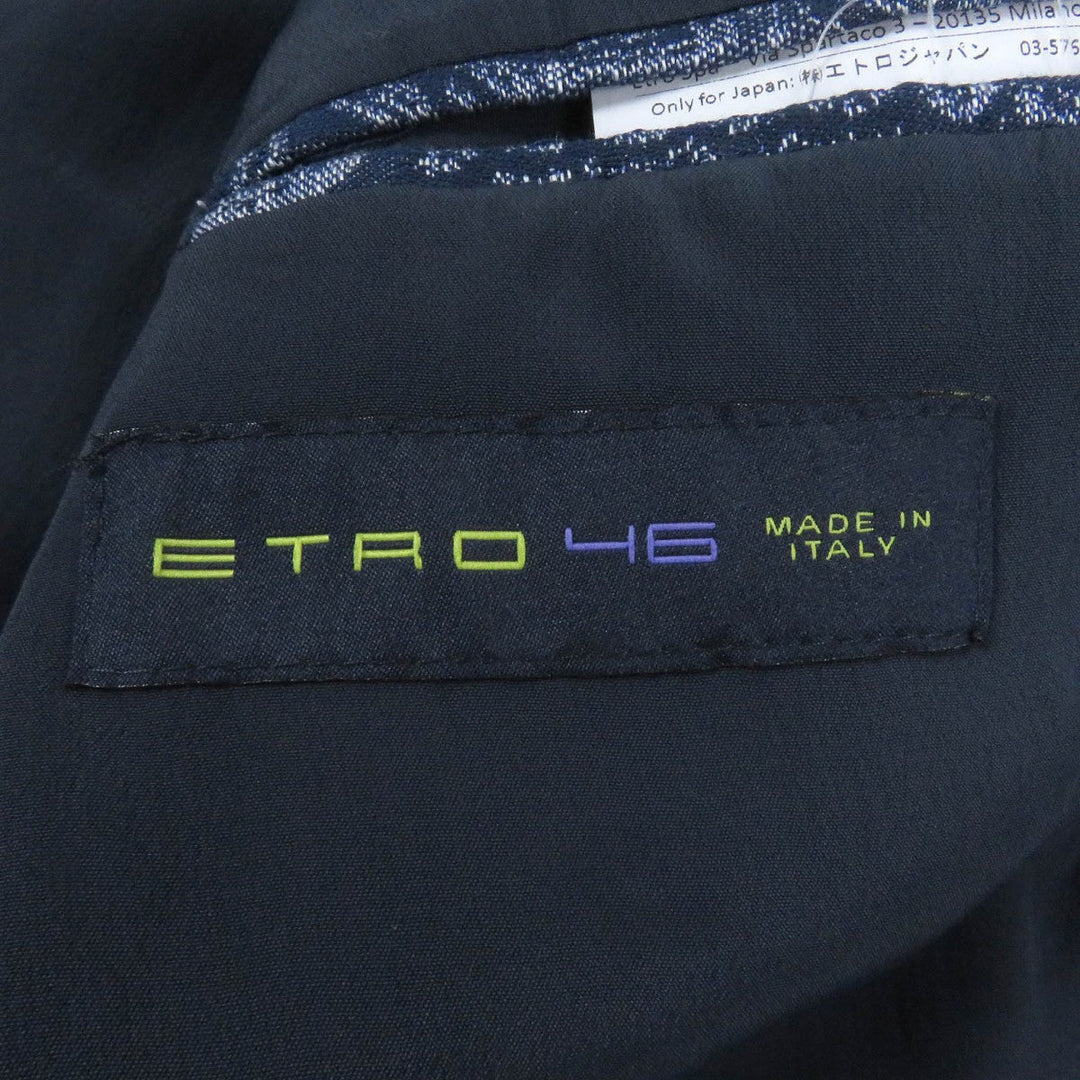 ETRO tailored jacket Outer: 85% cotton, Outer: 15% linen, Lining: 81% acetate, Lining: 10% silk, Lining: 9% nylon Navy mens 46 Used Authentic