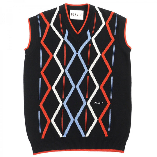 PLAN C Best GLCME01G00FW009 Main: 70% wool, Main: 30% cashmere Black Orange Blue White Rhombus Intarsia mens 38 Used Authentic