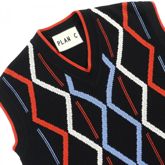PLAN C Best GLCME01G00FW009 Main: 70% wool, Main: 30% cashmere Black Orange Blue White Rhombus Intarsia mens 38 Used Authentic