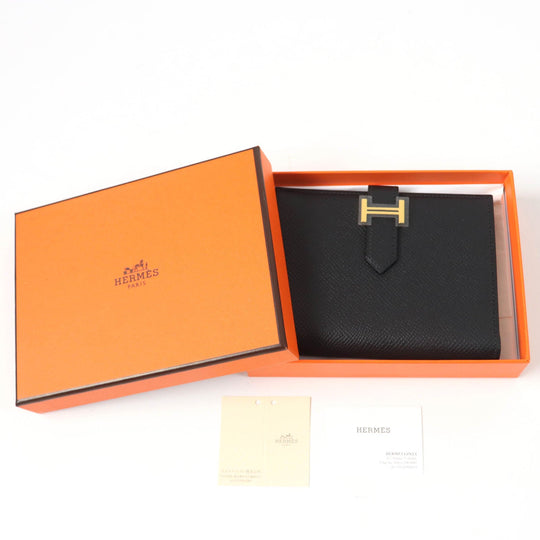 HERMES Bifold Wallet Main: Epsom black Bean compact Women Used Authentic