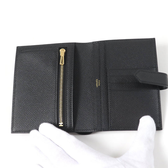 HERMES Bifold Wallet Main: Epsom black Bean compact Women Used Authentic